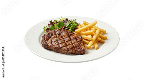 Grilled steak with fries and salad on white plate, isolated object, transparent background