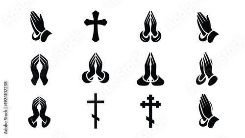 Set of black praying hands and christian crosses in various styles on white background symbolizing faith and spirituality