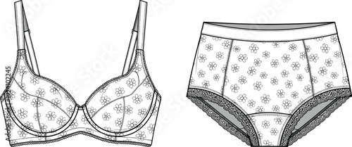 WebTechnical vector illustration of a women's floral print lingerie set including an underwire bra and high-waisted lace-trim panties, fashion flat.