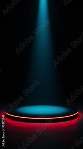 A futuristic, glowing circular platform surrounded by a thin red rim against a pitch-black background. Bright blue spotlights illuminate the circular platform
