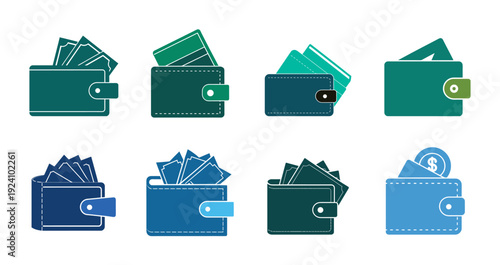 Wallet and money purse icon set featuring leather pocket with credit card cash bill and dollar coin for financial payment savings vector illustration editable stroke