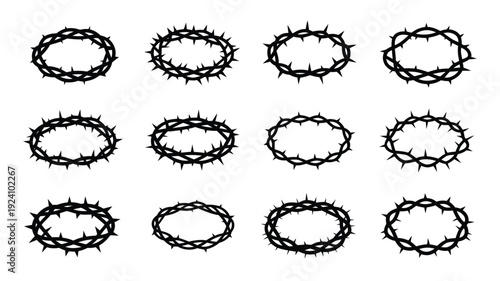 Collection of twelve different black crown of thorns illustrations on white background varying in detail and style