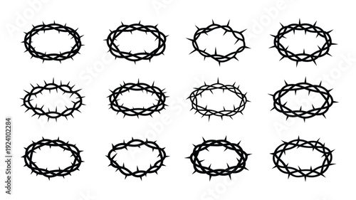 Collection of twelve black crown of thorns illustrations in various styles on white background symbolizing sacrifice and martyrdom