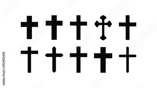 Collection of black christian cross symbols on white background varying styles and designs religious motifs for faith and spirituality