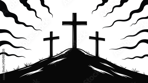 Three crosses on hill silhouette against dramatic sky with swirling clouds symbolizing faith spirituality and solemn atmosphere