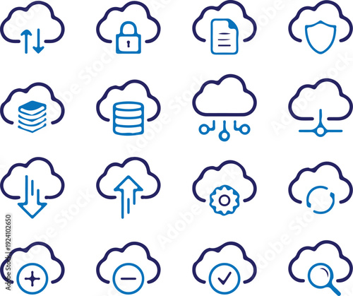cloud computing services technology bule line icons set vector illustration design collection 