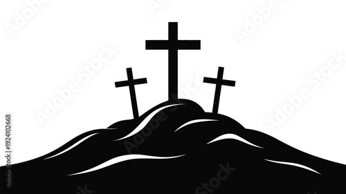 Three crosses on a hill with a white background symbolizing faith and spirituality in a simple graphic design