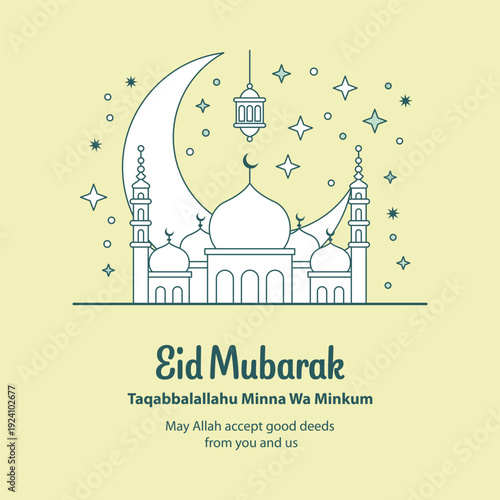 Eid Mubarak greeting card with mosque and crescent moon design