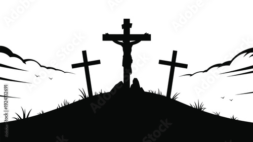 Silhouette of jesus christ on the cross with two thieves dramatic landscape background symbolic representation of faith and spirituality