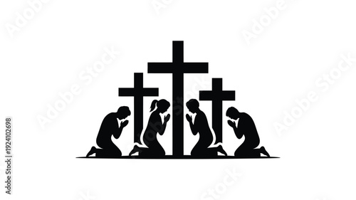 Silhouetted figures kneeling in prayer before three crosses on plain white background simple minimalist design symbolic representation of faith and devotion