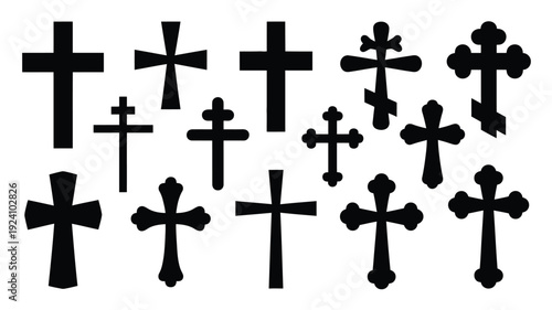 Collection of various black crosses on white background symbolizing faith and spirituality in different styles and designs