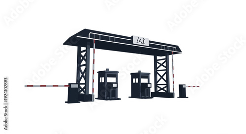 Roadway access control point with payment booths and retractable traffic barriers