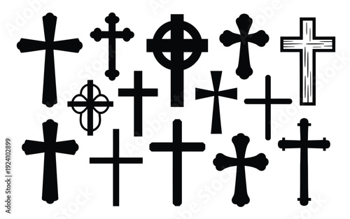 Collection of various black and white christian cross symbols in different styles and designs on a white background