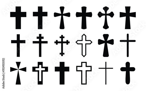 Collection of various black cross symbols in different styles and designs on white background faith and spirituality icons