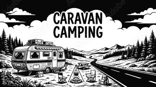 travel camping scene showing a caravan parked on an open road landscape representing road trip lifestyle freedom and mobile living experience