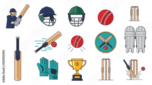 A colorful illustration of various cricket equipment and accessories.
