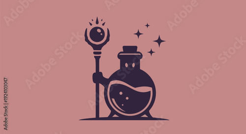 Magical potion bottle and staff illustration