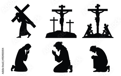 Silhouette illustration of jesus christ carrying cross and kneeling in prayer depicting stations of the cross crucifixion scene and religious devotion