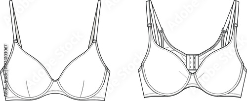WebTechnical vector illustration of women's underwire bras and floral lingerie set, featuring front and back views, t-shirt bra, and panties.