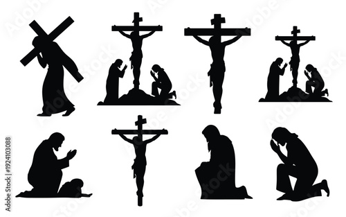 Silhouettes of jesus christ crucifixion and prayer scenes in black on white background