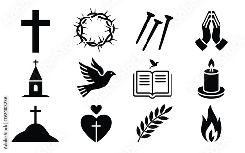 Collection of black christian symbols including cross church dove bible prayer hands and other faith icons on white background for religious themes