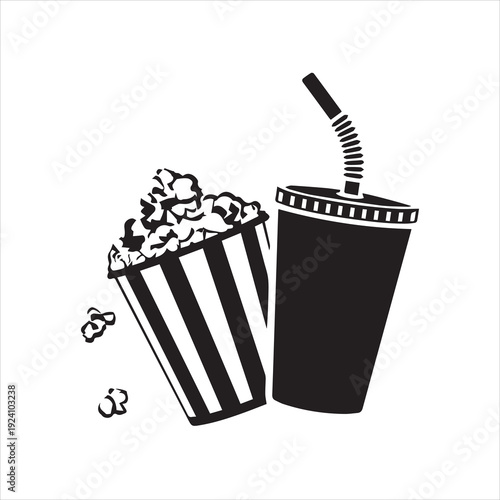 popcorn and movie tickets on white background or silhouette vector 