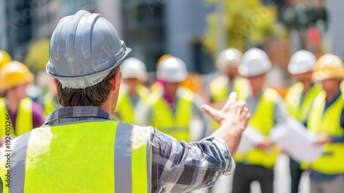 Construction supervisor addresses team members wearing protective gear at outdoor job site