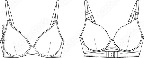 WebVector illustration of bra fashion design showing front and back views, concept for lingerie, garment construction, sewing, pattern making, intimate apparel