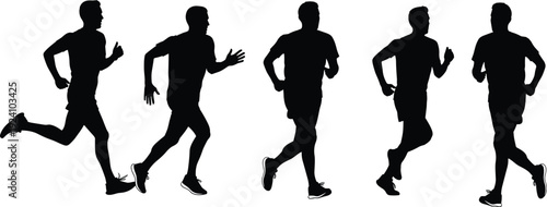 Running man silhouette collection, male jogger motion sequence, athletic fitness training concept, isolated black vector illustration on white background
