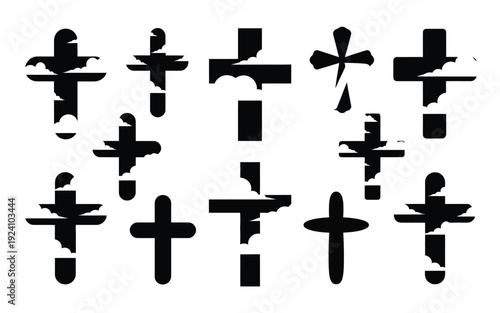 Collection of black abstract crosses on white background symbolizing faith and spirituality with various shapes