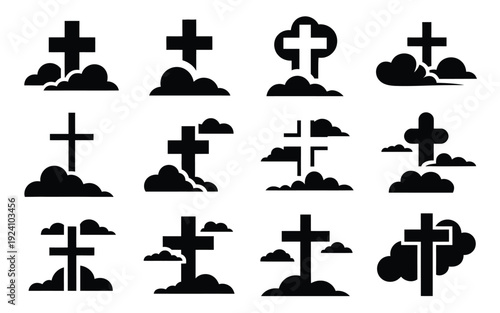 Collection of black cross symbols with clouds on white background various styles and silhouettes