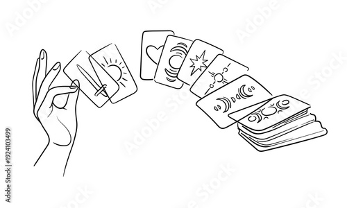 Tarot deck of cards with hand, continious line drawing. 
Magic, esotericism, occultism line art. Vector illustration