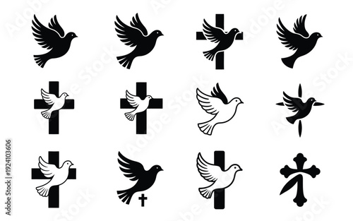 Collection of black and white dove and cross symbols in various styles and orientations representing faith peace and spirituality in a simple graphic design