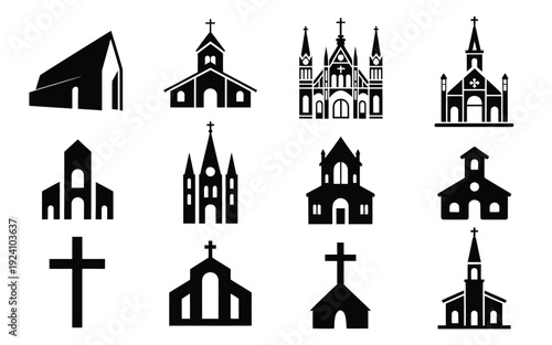 Collection of black church and cross silhouettes on white background various architectural styles and details
