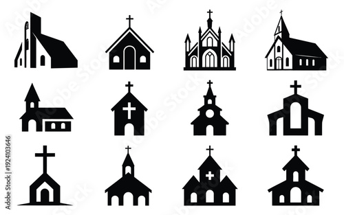 Collection of black church silhouettes with crosses on white background various architectural styles and perspectives perfect for religious themes
