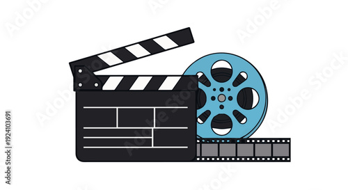 Film clapperboard and reel illustration representing filmmaking process, movie production workflow, and cinema industry concept