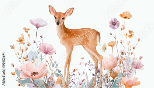 Young fawn centered in a vibrant watercolor composition, standing among a border of wildflowers in a serene spring meadow, delicate pastel tones evoking innocence and new life