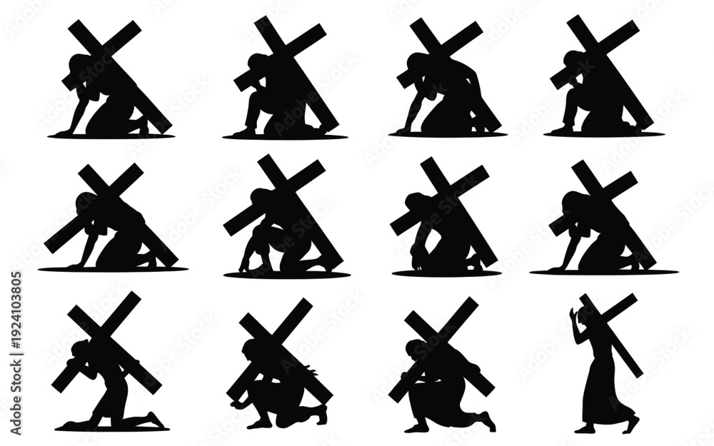 Fototapeta premium Silhouettes of people carrying crosses in various poses on white background symbolizing struggle and perseverance in faith