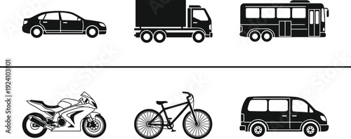 Transport Vehicles Silhouette Vector Set Including Car, Cargo Truck, Bus, Motorcycle, Bicycle and Van Collection Design