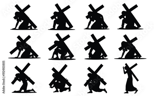 Silhouettes of people carrying crosses in various poses on white background symbolizing struggle and perseverance in faith