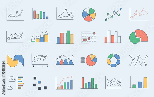 Diverse collection of data visualization and analytical chart icons for presentations