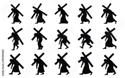 Silhouettes of people carrying crosses in various walking positions on white background for symbolic or metaphorical use