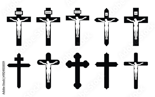 Collection of black and white crucifix icons featuring jesus christ on various cross designs symbolizing faith spirituality and religious devotion in a minimalist style