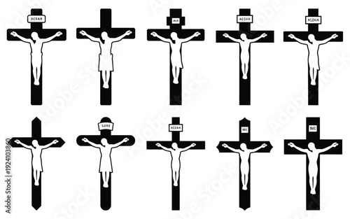 Collection of black and white crucifix illustrations on crosses with varying designs and jesus figures