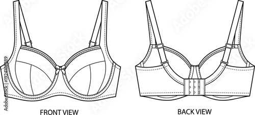 WebWomen bra technical sketch set, front and back view of padded lingerie vector, female underwear fashion template for apparel design