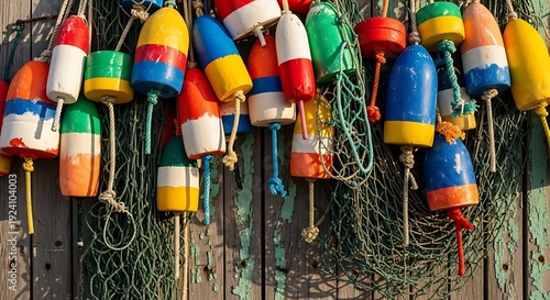 Colorful buoys and fishing net hang on a weathered wooden wall.