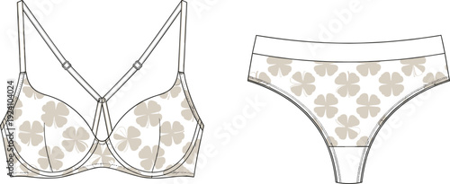 WebWomen's lingerie set with clover pattern, stylish bra with adjustable straps and matching panties, elegant undergarment fashion vector illustration design.