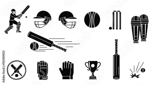 A collection of cricket icons and equipment on a white background