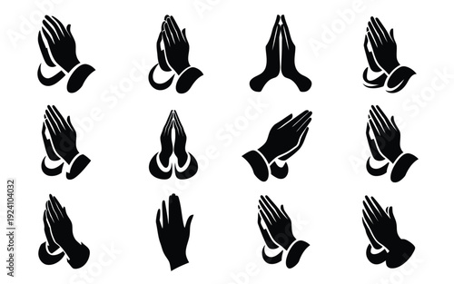 Collection of various praying hands in different positions and angles on white background for spirituality and religion concepts
