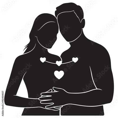 Couple embracing silhouette with hearts around them symbolizing love and connection beautiful romantic moment vector illustration